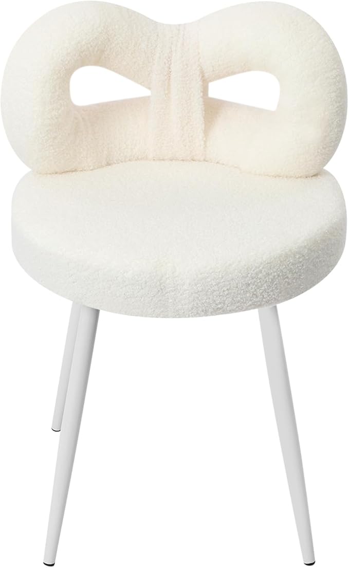 Girls Desk Chair | No Wheels Make up Vanity Chair w/Cute Bow Backrest Comfy Lambswool Fabric Makeup Chair for Bedroom Living Room Upholstered Accent Chair Desk Chair Stool for Girls (White)