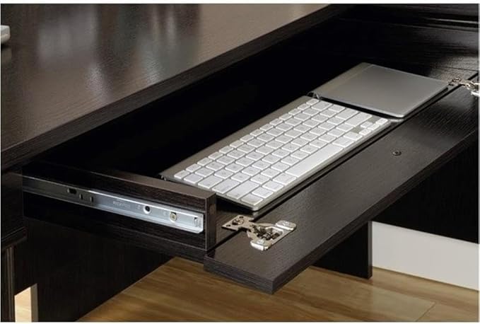Pemberly Row Contemporary Engineered Wood L-Shaped Computer Desk with 3 Drawers Flip-Down Panel Grommet Holes for Office Space in Wind Oak Finish