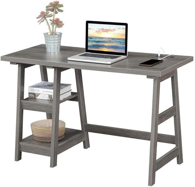 Pemberly Row Trestle Desk with Charging Station 47 x 20 x 29.25 in Particle Board and MDF Gray Wood Finish 2 Shelves 2 USB Ports 2 Plug Outlets Contemporary Home Office Desk