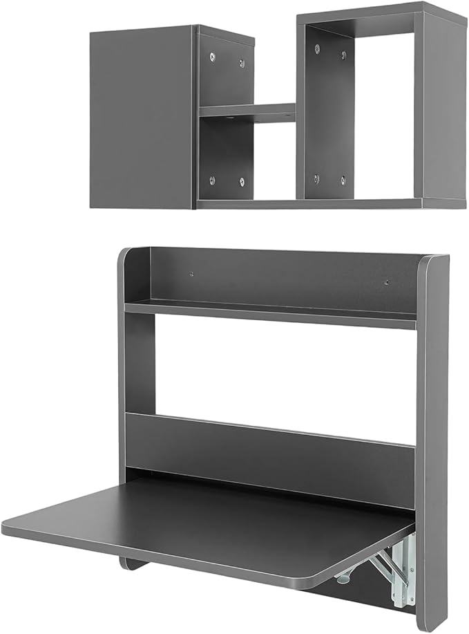 Wall Mounted Folding Desk Solid Wood Floating Laptop Desk with Wall Mounted Bookshelf for Living Room Coffee Shop Apartments 88lbs Table Load-Bearing (Grey)