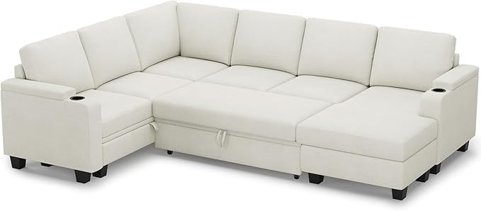 Belffin Sleeper Sofa Modular Sectional Pull Out Couch Bed U Shaped Sofa Couch for Living Room with Storage Chaise. White