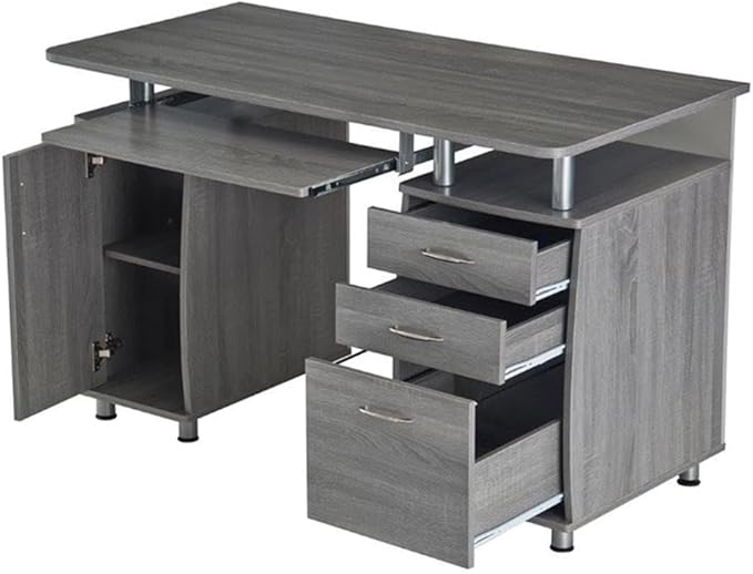 Pemberly Row 48 Wide Home Office Computer Desk in Gray with CPU Storage Cabinet and Hanging File Cabinet Grey