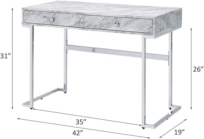 Acme Tigress Faux Marble Top Writing Desk with 2 Drawers in White and Chrome