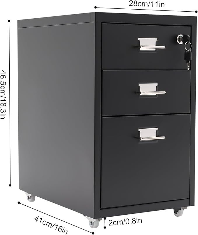 Metal Mobile File Cabinet Rolling Steel Vertical File Cabinet Filing Storage Organizer with Lock and Wheel for Home Office Legal/Letter Size 3-Drawer Black