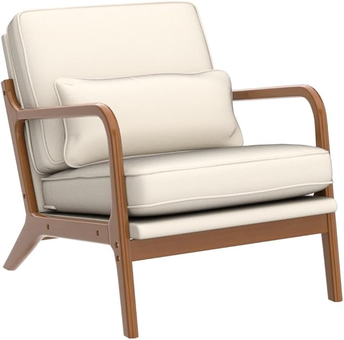 Karl home Accent Chair Mid-Century Modern Chair with Pillow Linen Fabric Upholstered Lounge Arm Chair with Solid Wood Frame &amp Soft Cushion for Living Room Bedroom Balcony Beige