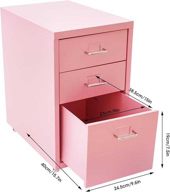 3-Tier Vertical File Cabinet Metal Mobile File Cabinet with Lock+Wheels Lockable Filing Cabinet with 2 Keys Rolling File Cabinets with Lock for Home Office (Pink)