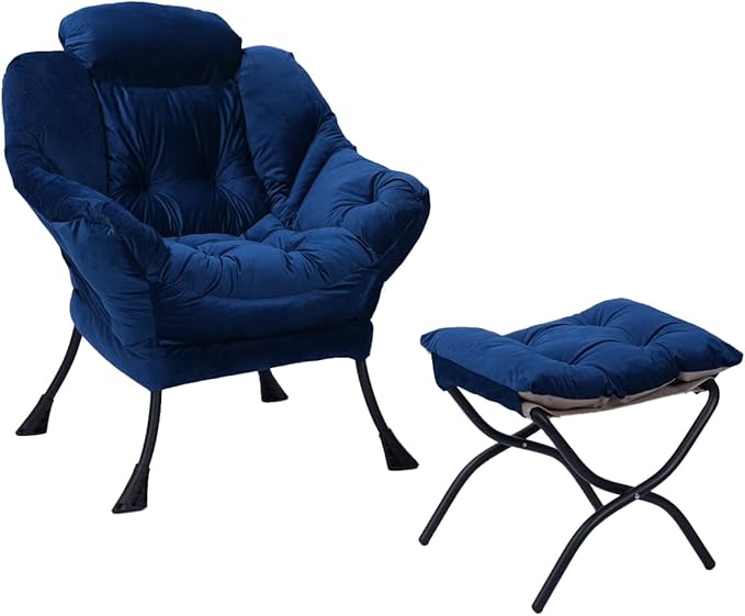 Living Room Chairs Modern Cotton Fabric Lazy Chair Accent Contemporary Lounge Chair Single Steel e Leisure Sofa Chair with Armrests and A Side Pocket (Blue)with Ottomanwith footrest