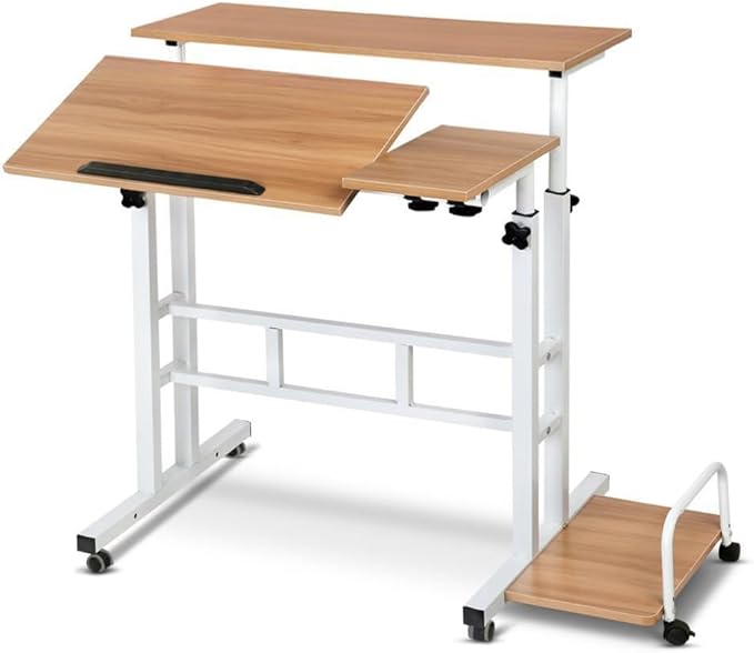 Small Standing Desk with Wheels Mobile Stand Up Desk Portable Standing Table on Wheels for Walking Pad Rolling Computer Desks Adjustable Height for Home Office School Light Walnut