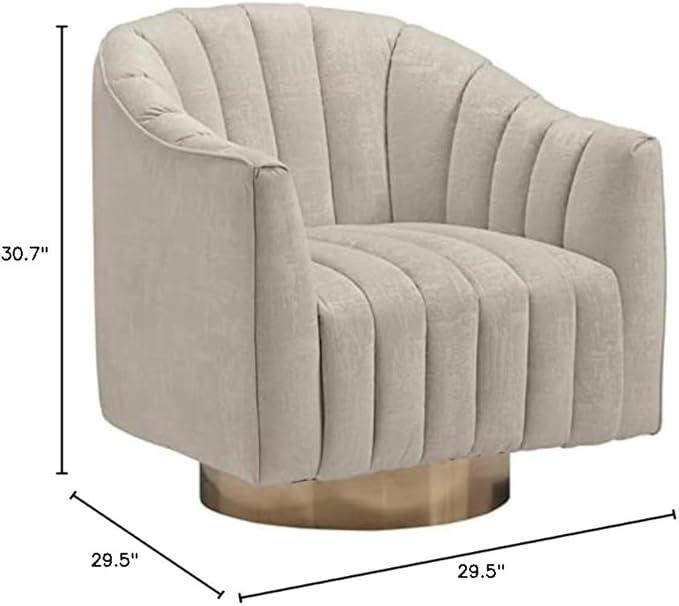 BOWERY HILL Contemporary Swivel Accent Chair Polyester Pearl Velvet Upholstery Barrel Back Brass-Tone Metal Base 31 in H x 30 in W x 32.25 in D Ivory Finish Modern Living Room or Lounge Chair