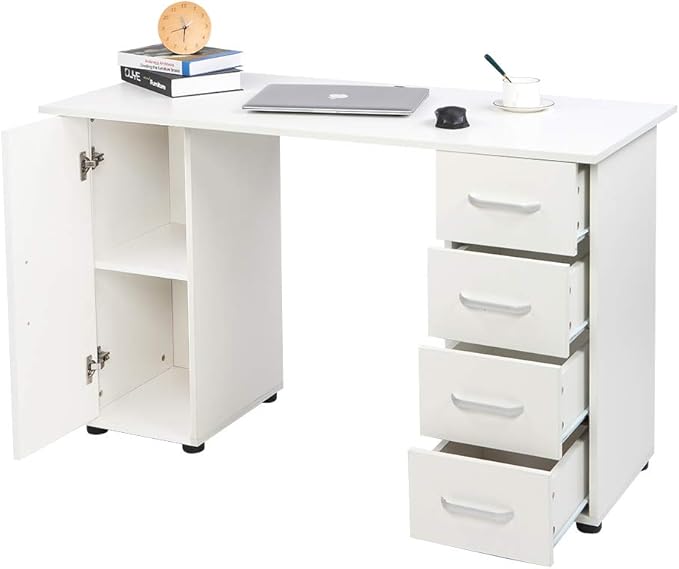 Rolling Computer Desk with Drawers and Storage Home Office Desk Modern Work Study Writing Table Desk for Small Spaces White Mobile Desk Desk on Wheels Computer Desk Laptop Table 120 x 54 x 74CM