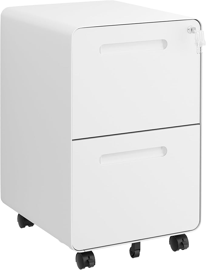 File Cabinet Mobile Filing Cabinet with Lock All Steel Structure Printer Stand Fully Assembled Except Casters Under Desk Storage for Home Office 2 Drawers Document Organizer White