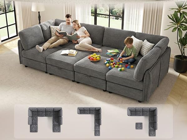 KKL Modular Sectional Sofa Bed with Storage Ottoman Convertible L/U/J-Shaped Sleeper Couch Plush Wide-Wale Corduroy for Living Room Apartment Modern Design Gray