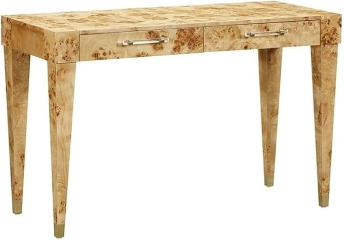 Pemberly Row Contemporary Acacia Burl Work Desk Natural Finish Handmade Furniture Brass Tipped Legs Fully Finished Back Rustic Home Office Desk Textured Acacia Wood