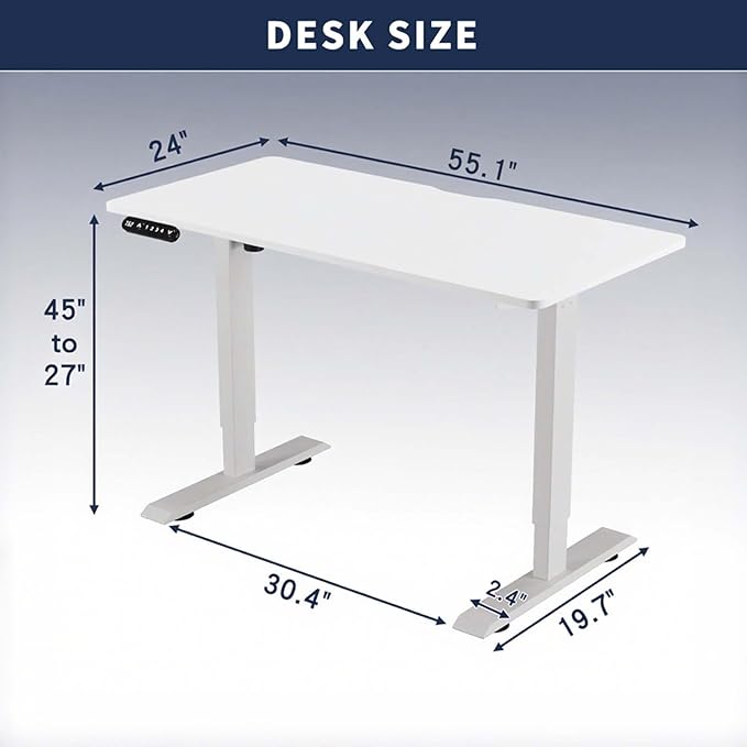 55 Electric Standing Desk Adjustable Height White Seated Stand up Computer Desks for Work Office Home Ergonomic Lift-up Gaming Tables with USB Charging Port (White-55)
