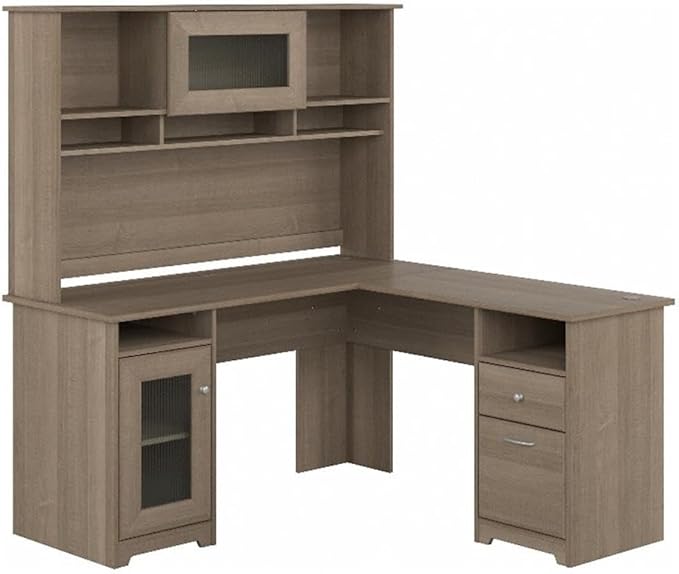 Pemberly Row 60W L Shaped Computer Desk with Hutch Ash Gray Engineered Wood Built-in Wire Management Storage Cabinet File Drawer Fluted Glass Door Home Office Corner Desk