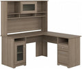 Pemberly Row 60W L Shaped Computer Desk with Hutch Ash Gray Engineered Wood Built-in Wire Management Storage Cabinet File Drawer Fluted Glass Door Home Office Corner Desk