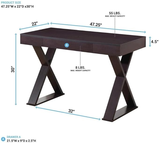 Brown Home Office Desk with Center Drawer Stylish Espresso Modern Computer Desk with Wood Finish and X-Shaped Steel Support Frame