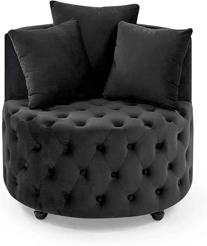 Velvet Upholstered Swivel Chair for Living Room with Button Tufted Design and Movable Wheels Including 3 Pillows Black