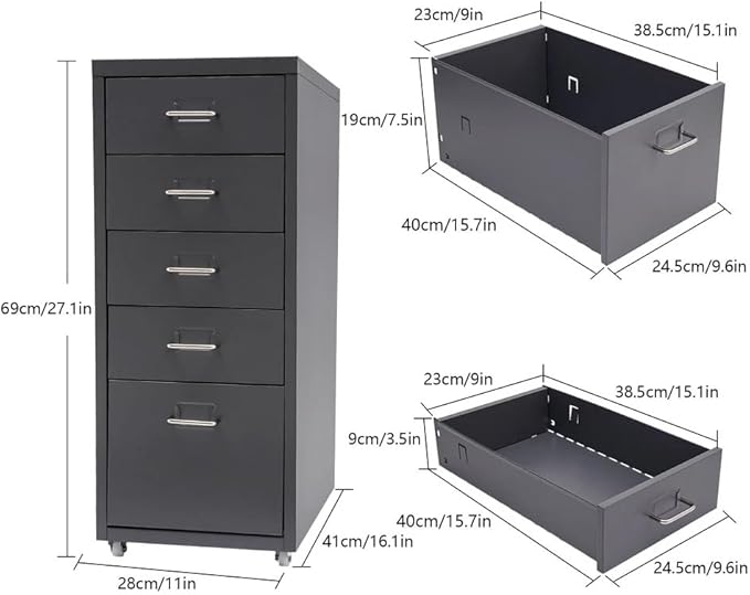 5-Drawer File Cabinet Office Filing Cabinet Stand Storage Organizer with Wheels Freestanding Rolling Storage Dresser Mutifuctional Tool Organizer for Kitchen Bedroom Living Room (Grey)