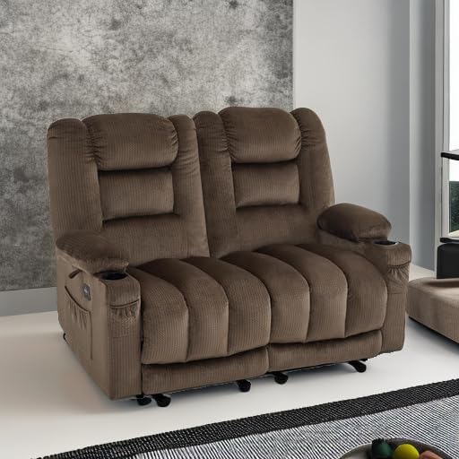 MCombo 55.9 Zero Gravity Power Loveseat Recliner with Heat and Vibration Massage Reclining Loveseat Sofa with USB Ports Cup Holders for Living Room Fabric PR648SET (Dark Brown)