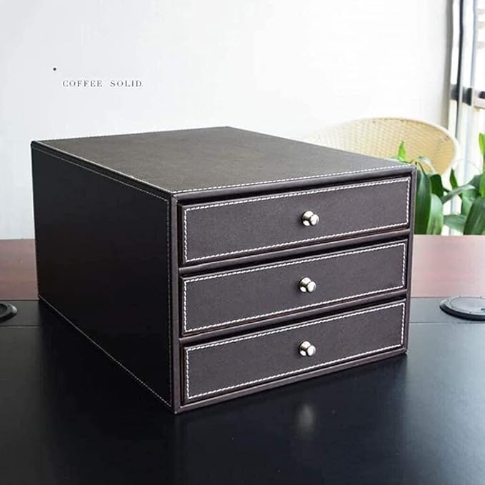 qiuqiu Office Cabinet File Box 3-Drawer Leather Filing Cabinets Desk 3 Layer Leather File Cabinet Drawer Style A4 Document Storage Box Business Office Supplies Furniture-Brown