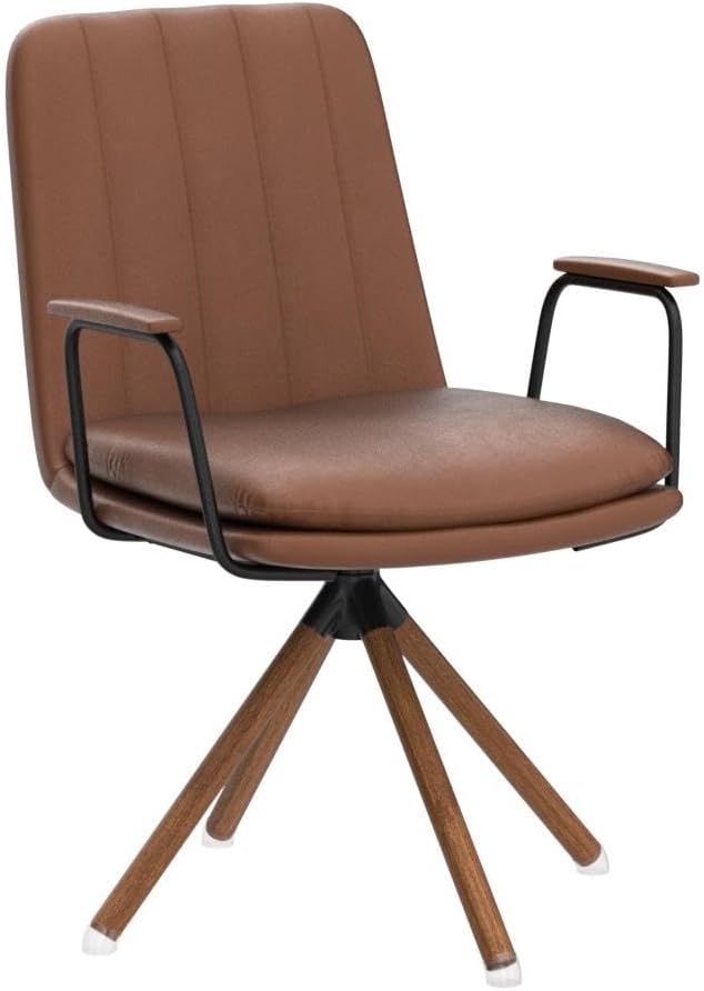 Art Leon Desk Chair No Wheels Set of 2 Mid Century Modern Swivel Chair with Oak Wood Legs Faux Leather Home Office Desk Chairs for Bedroom Living Room Yellow Brown