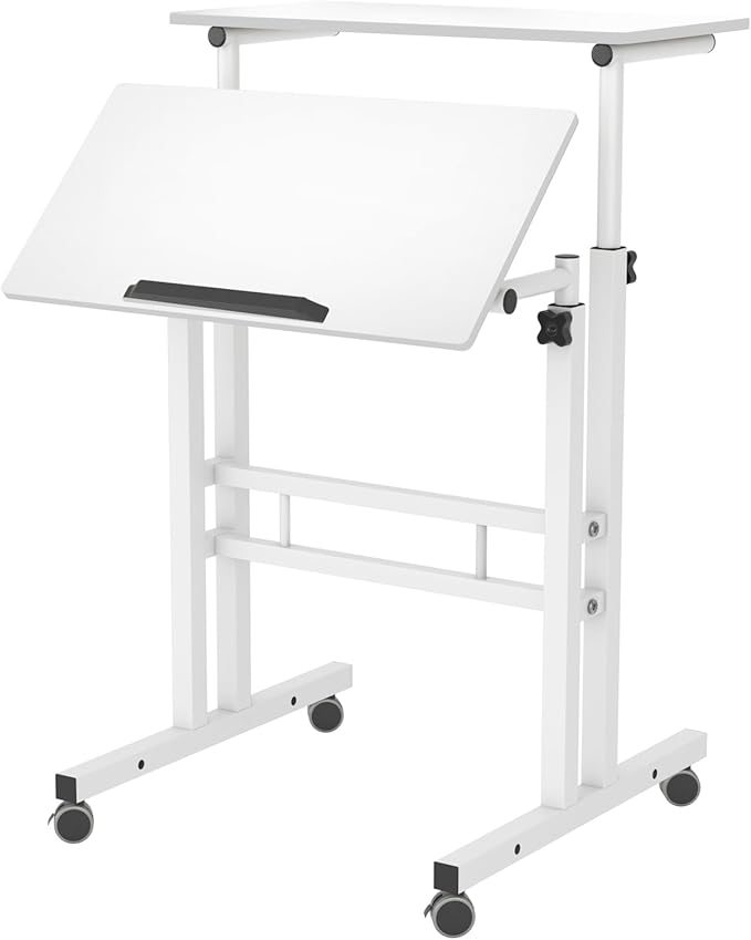 soges Mobile Standing Desk Adjustable Height Roling Sit-Stand Desk Small Standing Computer Desk Workstation on Wheels Sit Stand Up Desk for Home Office White