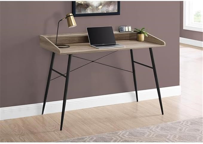 Pemberly Row Computer Desk 47 W x 23 D Dark Taupe Wood-Look Finish Black Metal Base Hutch with Shelf and Storage Cubbies Mid-Century Modern Home Office or Bedroom Laptop Table