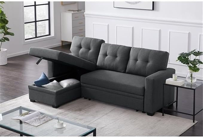 Devion Furniture L-Shaped Polyester Fabric Reversible Easy Convertible Pull-Out Sleeper Sectional Sofa/Storage Chaise with Tufted Back Cushions and Track Arms in Dark Gray