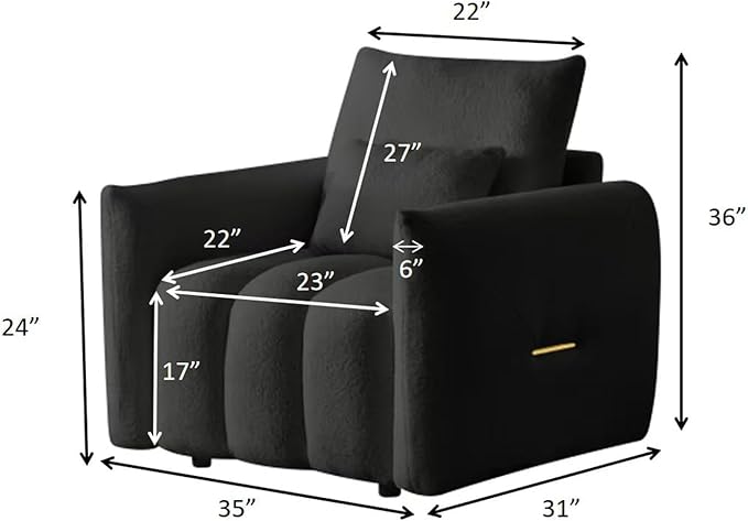 Black Oversized Armchair Teddy Cloud Sofa Couch Comfy Upholstered Sherpa Couch with Pillow Modern Deep Seat Single Accent Chair for Living Room Bedroom Office Apartment (Black)