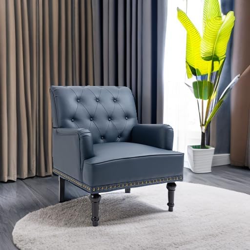 MOJAY PU Leather Accent Chair Mid-Century Armchair Living Room Sofa Chair with Rubber Wood Leg Club Chair with Rivet Trim for Bedroom Reading Room Reception (DarkBlue)