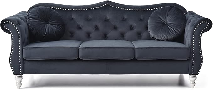 Maykoosh Velvet Sectional Sofa Tufted Living Room Couch Ruched Arm Style - 82 Wide Black