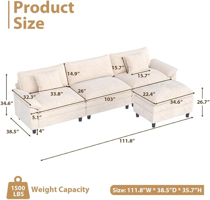 120 Sectional Sofa L-Shape Chenille Fabric with Pillows and Cushion3 Seat Modern Sofa Couch for Living Room Bedroom with 1 OttomanBeige