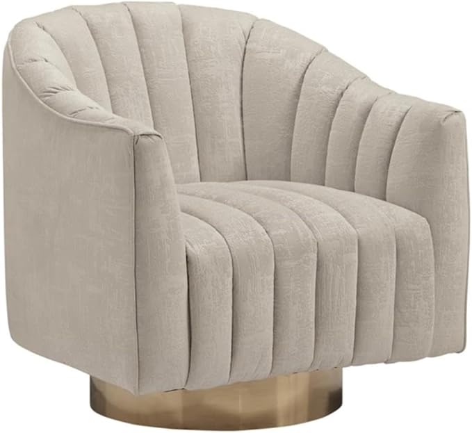 BOWERY HILL Contemporary Swivel Accent Chair Polyester Pearl Velvet Upholstery Barrel Back Brass-Tone Metal Base 31 in H x 30 in W x 32.25 in D Ivory Finish Modern Living Room or Lounge Chair