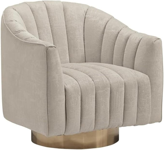 BOWERY HILL Contemporary Swivel Accent Chair Polyester Pearl Velvet Upholstery Barrel Back Brass-Tone Metal Base 31 in H x 30 in W x 32.25 in D Ivory Finish Modern Living Room or Lounge Chair