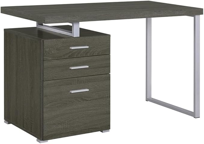 Pemberly Row 3-Drawer Office Desk Weathered Gray Wood and Silver Metal 47.25 W x 23.5 D x 30 H File Cabinet Contemporary Design Sleek Workspace for Home Office or Study Room