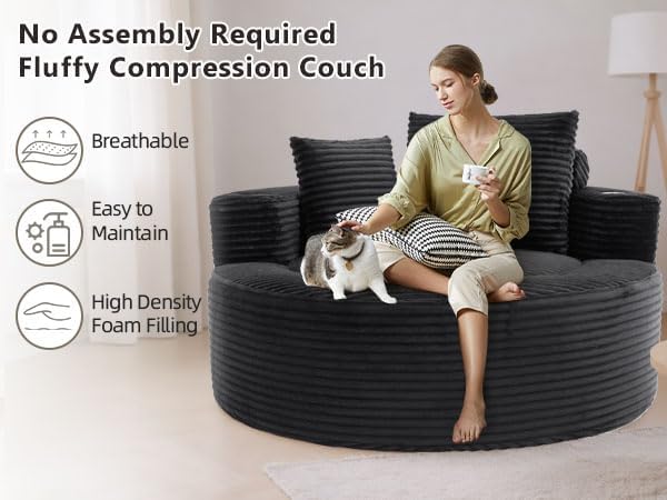 55 Black Oversized Round Boneless Couch Sofa Velvet Memory Foam Cloud Couches Lounge Chair Comfy Fluffy Single Sofa with 3 Pillows for Living Room Bedroom No Assembly Required (Black .)
