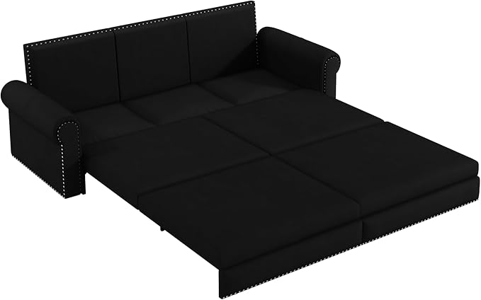 93.7 King Pull Out Sofa Bed Velvet Sleeper Sofa Couch 3 in 1 Convertible Futon Couches for Living Room Small Space Apartment Office Bedroom Modern Rivet Armrest Black