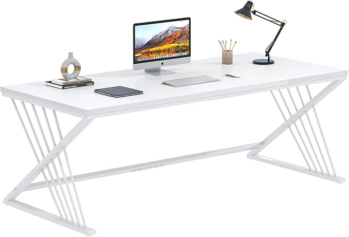 FOLUBAN 70.9 Modern Computer Desk with Z-Shaped Legs Industrial Executive Home Office Desk for 2 Person Large Writing Study Table for Bedroom Gaming Workstation White