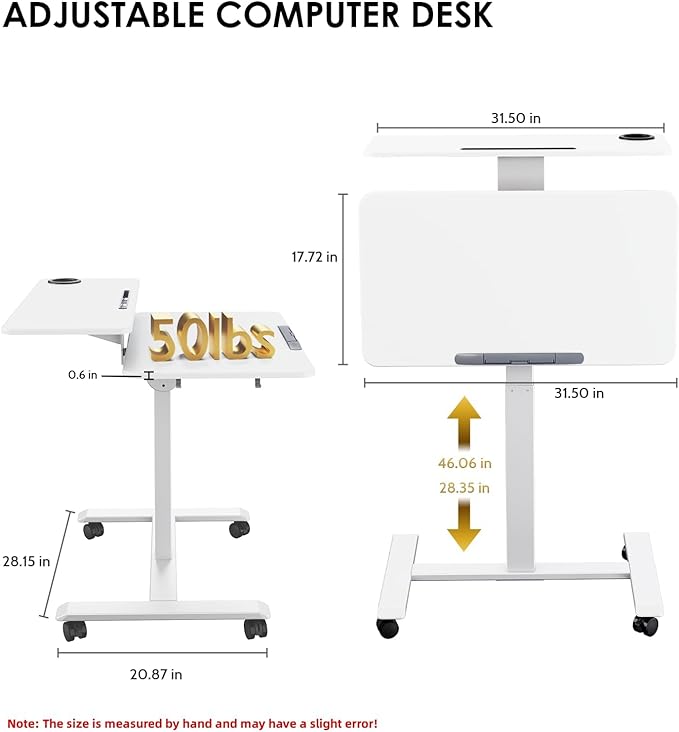 Pneumatic Standing Desk with Wheels - Adjustable Height 28 - 46 &amp 0-90° Tilt 31.5 x 17.7 Skin-Feel Desktop Rolling Computer Desk for Home Office Hospital School (White)