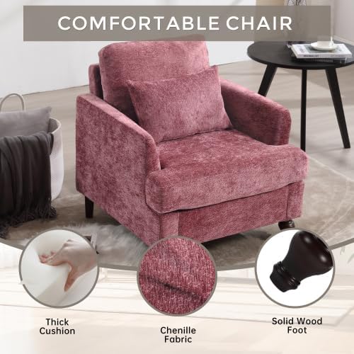 QQU Modern Upholstered Armchair Chenille Fabric Single Armchair with Cushions Living Room Lounge Chair Reading Chair with Solid Wood Frame Suitable for Bedroom Reception RoomWine Red