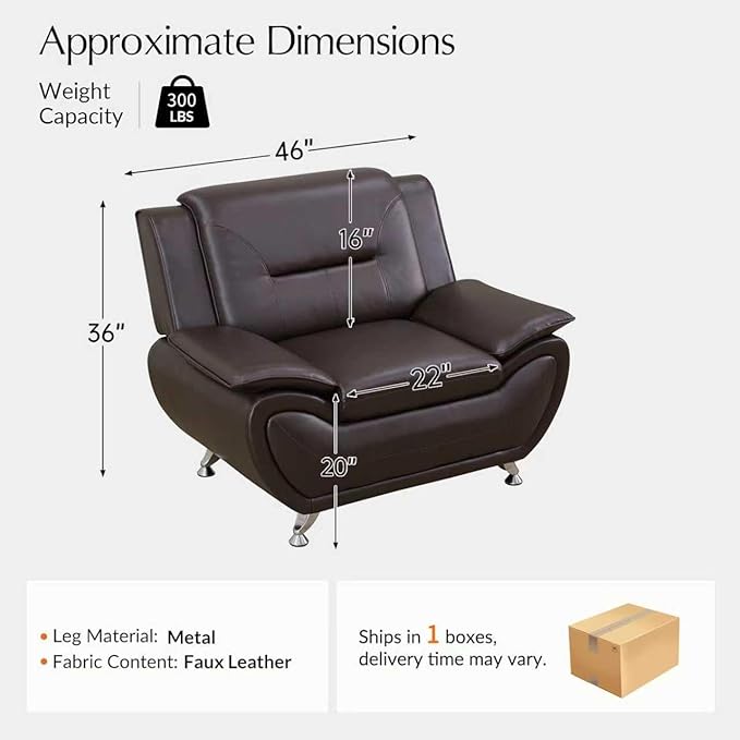 Leather Sofa ChairOversized 46 Accent Chair Couch for Living RoomModern Leather Couch with Metal LegsSmall Sofa for Small Space/Apartment/RV Car/Lounge/Dorm(Brown)