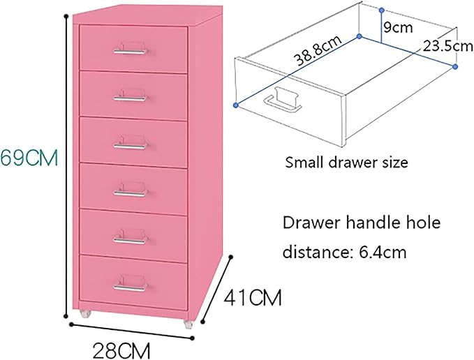 6-Drawer File Cabinet Metal Mobile File Cabinet with Wheels Filing Cabinet Under Desk for Home/Office (Color:Red)