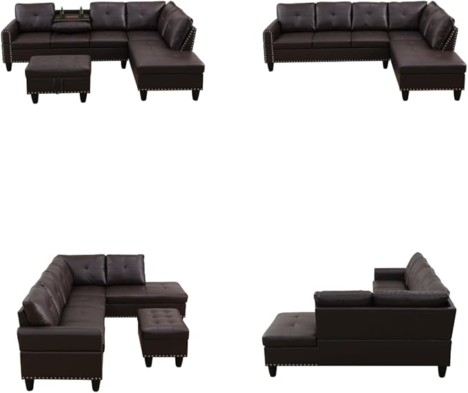 L Shaped Sectional Couch with Ottoman Modern Leather Modular Sectional Sofa with Cup Holder Nail-Head Design L Shaped Couch for Living Room Bedroom Brown