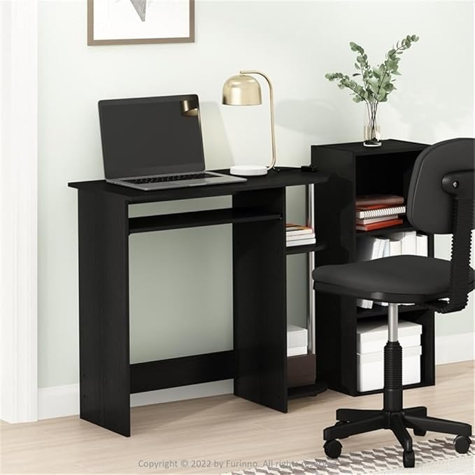 Pemberly Row Computer Desk Composite Wood and Stainless Steel 31.5 x 15.8 x 28.8 in Pull-Out Keyboard Drawer 2 Shelves Compact Home Office Desk Easy Assembly