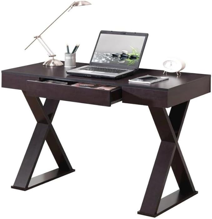 Brown Home Office Desk with Center Drawer Stylish Espresso Modern Computer Desk with Wood Finish and X-Shaped Steel Support Frame