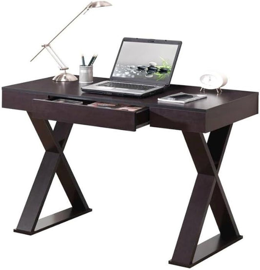 Brown Home Office Desk with Center Drawer Stylish Espresso Modern Computer Desk with Wood Finish and X-Shaped Steel Support Frame