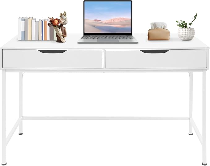 White Computer Desk with 2 Drawers Wooden Makeup Table Modern Simple Makeup Vanity Desk for Home Office Study Room 154lbs Capacity 4724L*19.69W*29.53H inch