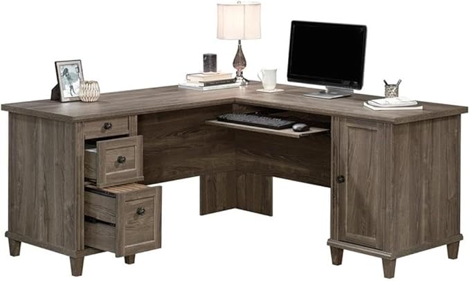 Pemberly Row L-Shaped Engineered Wood Computer Desk Emery Oak Finish 65 in x 65 in x 30 in Durable 1 in Thick Top Slide-Out Keyboard Shelf 3 Drawers Adjustable Shelf Home Office Desk