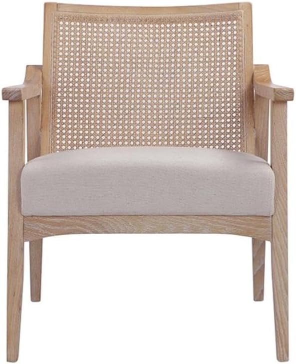 Pemberly Row Contemporary Lounge Chair Bone Boucle Fabric Oak Wood Finish Modern Cane Armchair Minimalist Accent Chair for Living Room or Bedroom Use